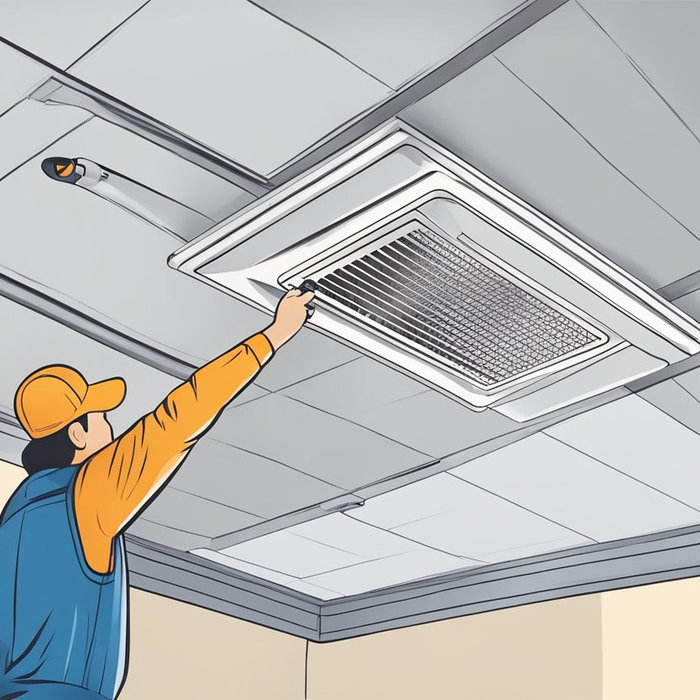 a man pointing to a ceiling