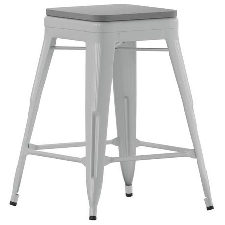 Cierra Set of 4 Commercial 24" High Backless Metal Indoor Counter Stools, Silver/Gray