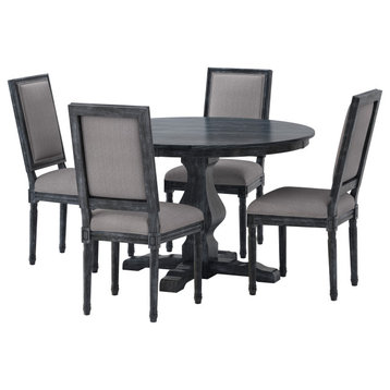 Merlene French Country Fabric Upholstered Wood 5-Piece Circular Dining Set, Gray
