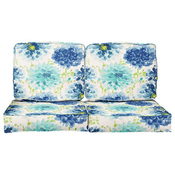 4 Pack Patio Loveseat Cushion, Removable Cover & Beautiful Floral Pattern, Blue