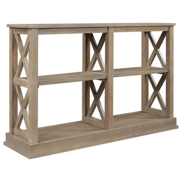 Farmhouse Console Table, Crossed Sides With Open Shelves & Large Top, Natural