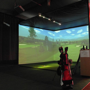 Large island style enclosed carpeted home theater photo in Phoenix with black walls and a projector screen
