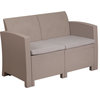 Charcoal Faux Rattan Loveseat With All-Weather Light Gray Cushions