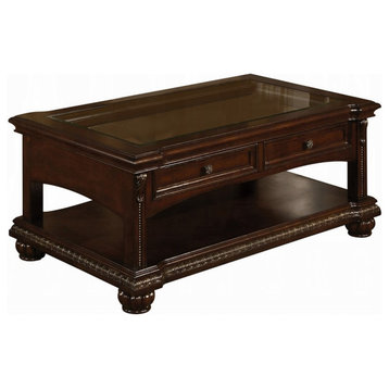 50" Brown Glass And Solid Wood Coffee Table With Two Drawers