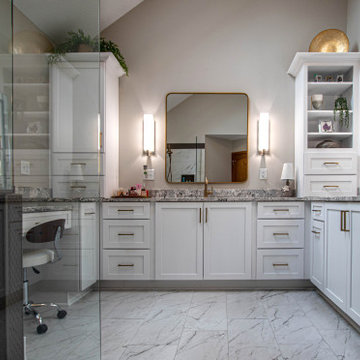Luxurious White Bathroom with Barrier Free Shower, Make-up area and Storage