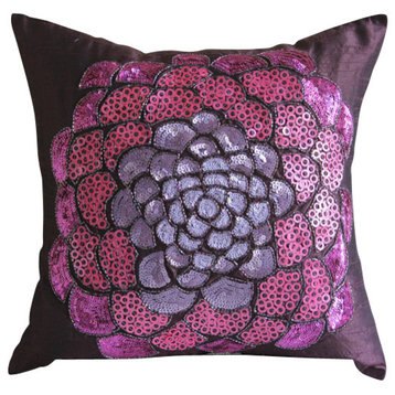 Purple Sequins & Beaded Flower 16"x16" Silk Pillows Cover, Pink Wildflower