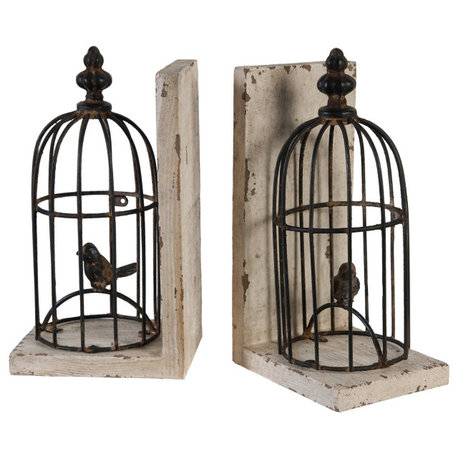 Benzara BM284986 2-Piece Set Bookends, Birdcage, Iron and Fir Wood, Black, Brown