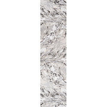 Swirl Marbled Abstract Area Rug, Gray/Black, 2'x10'