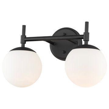 2 Light 15.5 in. Matte Black Bathroom Vanity Light with Opal Glass Shades