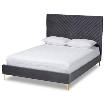 Sofi Glam and Luxe Velvet Upholstered Platform Bed, Gray/Gold, Queen