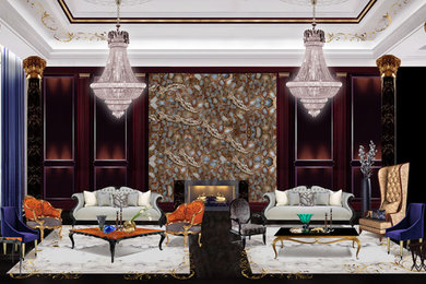 Inspiration for a huge craftsman formal and open concept marble floor living room remodel in Other with black walls, a two-sided fireplace, a stone fireplace and no tv