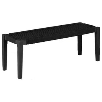 Bohemian Accent Bench, Acacia Wooden Frame With Woven Rope Seat, Pure Black