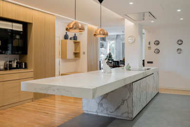 Ejemplo de cocina minimalista de tamaño medio con fregadero integrado, armarios con paneles empotrados, puertas de armario de madera oscura, encimera de madera, salpicadero marrón, salpicadero de mármol, una isla y encimeras marrones