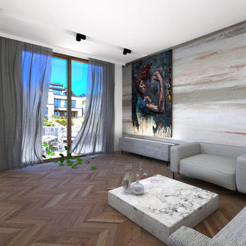 Grey modern open space living room interior