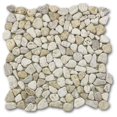 Non Slip Shower Floor Tile Tumbled Pebble Stone Travertine Giallo, 1 sheet