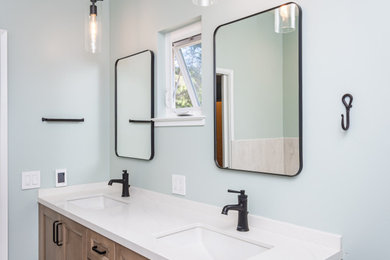 Transitional double-sink bathroom photo in San Francisco with quartz countertops, white countertops and a built-in vanity