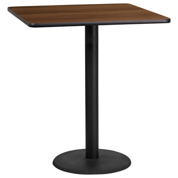 36'' Square Walnut Laminate Table Top With 24'' Round Bar Height Table Base