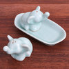 Novica Handmade Cheeky Elephants In Aqua Celadon Ceramic Salt Pepper Set (3 Pcs)