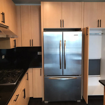 Kitchen cabinet and refrigerator compartment with wooden colored doors