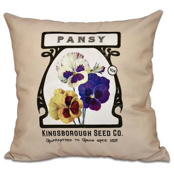 Pansy, Floral Print Pillow, Taupe, 20"x20"