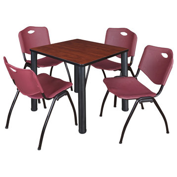 Kee 30" Square Breakroom Table, Cherry/Black and 4 'M' Stack Chairs, Burgundy