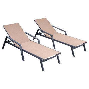 LeisureMod Marlin Patio Chaise Lounge Chair Black Arms Set of 2, Light Brown