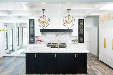 Example of a mid-sized galley eat-in kitchen design in Minneapolis with quartz countertops, white backsplash, quartz backsplash, an island and white countertops