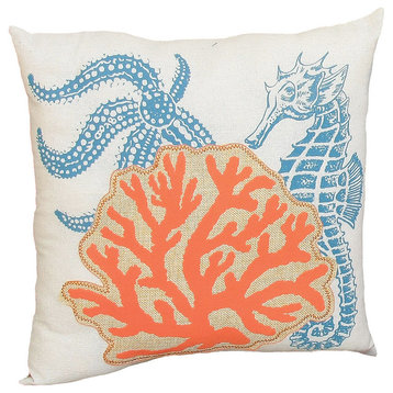 Applique Sea life / Coral Coastal Decorative Pillow Poly Filled, 18''x18''