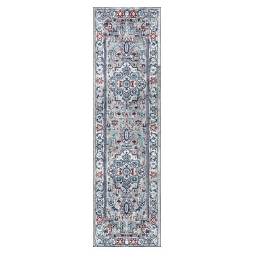 Modern Persian Vintage Medallion Light Grey/Blue 2' x 8' Runner Rug