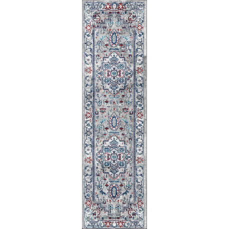 Modern Persian Vintage Medallion Light Grey/Blue 2' x 8' Runner Rug