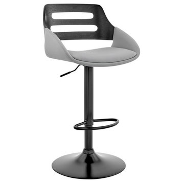 Karter Adjustable Faux Leather/Wood Barstool, Gray and Black With Black Base