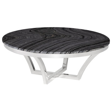 Aurora Coffee Table, Black Wood Vein Marble/Polished Stainless
