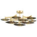 Hudson Valley - Griston 9-Light Semi Flush, Aged Brass - Discs of ribbed clear smoke glass capped in Aged Brass take cues from rippling waves to create the glamourous retro aesthetic of Griston. When lit, this vintage-inspired design casts a warm, golden glow, delivering just the right amount of sparkle.