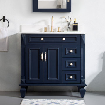 Solid Wood Bathroom Vanity with Quartz Top and cUPC Certified Sink, Navy Blue, 36 Inch