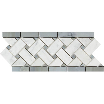 Polished Carrara Basketweave Border With Blue-Gray Dots, 4 3/4 X 12, 5 pieces