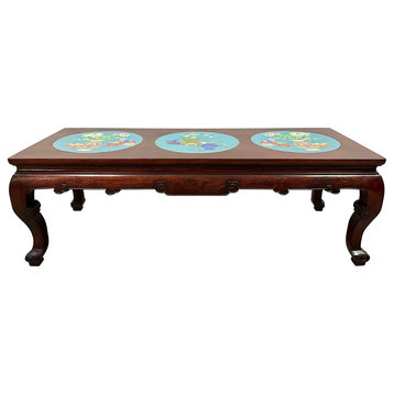 Consigned Chinese Carved Hardwood Coffee Table With Cloisonne Inlay on Top