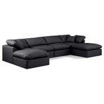 Meridian Furniture - Indulge Upholstered Modular U-Shaped Sectional, Black, 6-Piece: 2 Armless Chair, 2 Corner Chair, 2 Ottoman, Fiber Stuffed Vegan Leather - Experience ultimate comfort and style with our black vegan leather Indulge Sectional. The luxurious vegan leather will elevate the aesthetic of any room. This sofa provides ample space for you to relax while its modular build offers the option of unlimited configurations. Whether you're looking to add a stylish element to your living room or a comfortable seating option to your bedroom, this sofa is the perfect choice.