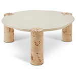 Meridian Furniture - Thor Coffee Table, Natural, 37.5" W x 37.5" D x 16" H - Unleash the captivating fusion of contemporary design and organic textures with the Thor Coffee Table. This statement piece boasts rich burl veneer legs that intertwine with an MDF base, both adorned with matching burl veneer for a touch of natural opulence. The table's crown jewel is its rounded white resin top, offering a sleek and modern contrast while providing a durable and easy-to-clean surface. More than just visually striking, the Thor Coffee Table is meticulously crafted for lasting functionality.