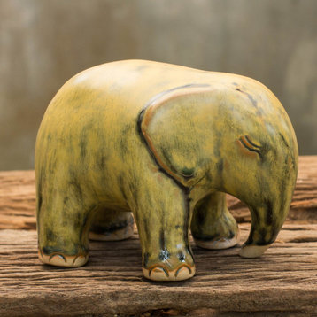 NOVICA Yellow Elephant And Celadon Ceramic Figurine