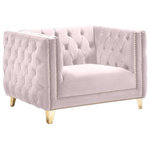 Meridian Furniture - Michelle Fabric Upholstered Chair, Gold Iron Legs, Pink, Velvet, Chair - Upholstered in soft pink velvet, this Michelle chair is sumptuously glamorous. Designed for upscale living, this chair features rich gold nail head trim and gold iron legs that keep it grounded in contemporary beauty. Tufted material covers every inch of this unit, and button tufting ensures that the unit stays plump and comfortable and holds up well to continual use. Pair it with other items in the collection for a cohesive look.