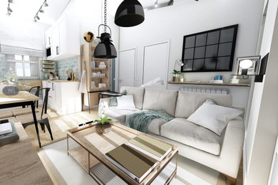 Inspiration for a mid-sized industrial loft-style living room in Other with grey walls, medium hardwood floors, no fireplace and a wall-mounted tv.