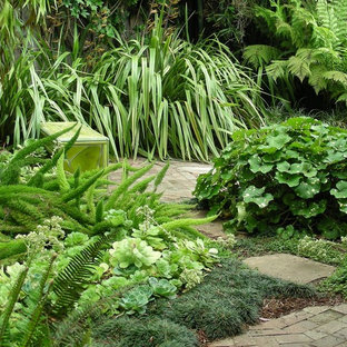 Schattiger, Mittelgroßer Stilmix Garten hinter dem Haus, im Sommer mit Gartenweg und Pflasterklinker in Santa Barbara