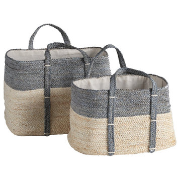 Set of 2 Contemporary Casual Natural Gray Tote Baskets Handles Coastal Large