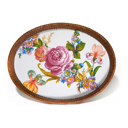 Flower Market Large Rattan & Enamel Tray - White | MacKenzie-Childs - Serving Dishes And Platters