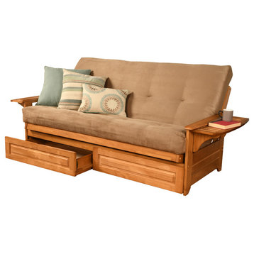 Mesa Frame Futon With Butternut Finish, Storage Drawers, Suede Peat