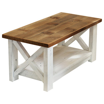 Farmhouse Coffee Table X Made From Reclaimed Wood, Natural Wood Top/White Bottom