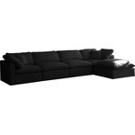 Meridian Furniture - Plush Velvet / Down Standard Comfort L-Shaped Modular Sectional, Black, 5-Piece: 2 Armless Chair, 2 Corner Chair, 1 Ottoman - No matter how big or little the size of your gang, they can all find their sweet spot when you choose pieces from the Plush collection to build your ideal seating group. Choose this five-piece set or pair multiple pieces together to get the custom look everyone will love. The soft black velvet material is soft and welcoming to the touch, and the set's cushions are overstuffed with a down and feather blend to provide ample support for tired bodies.