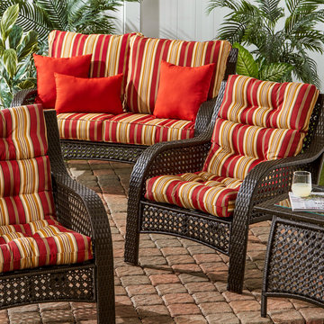 Wicker Woven Lounge Set with Stripe Cushions and Scarlet Red Accent Pillows