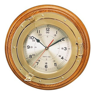 13.25 Polished Brass Quartz Porthole Clock - Beach Style - Wall