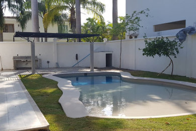 Imagen de piscina natural exótica de tamaño medio a medida en patio delantero con privacidad y granito descompuesto